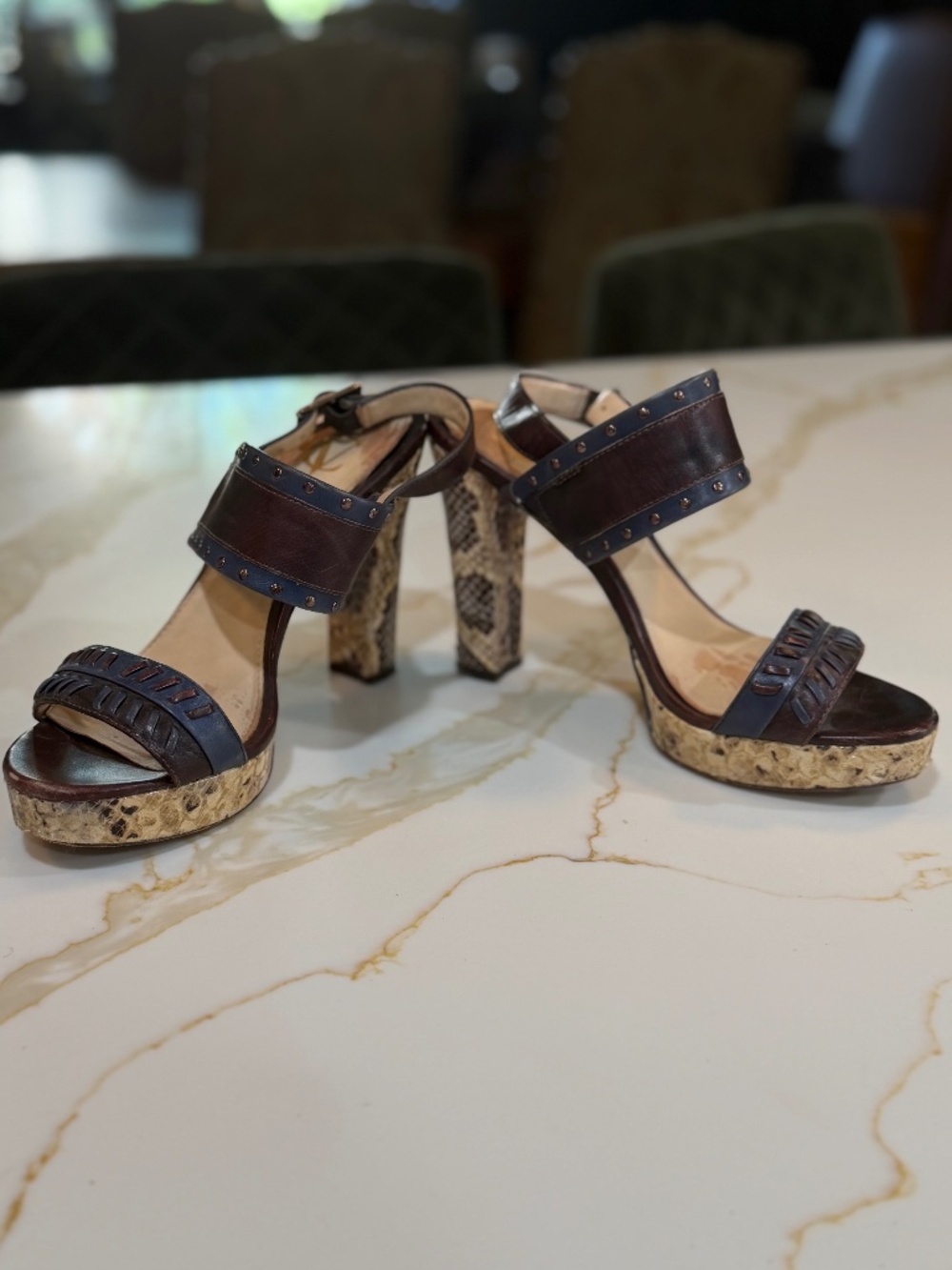 Brown and Navy Leather Sandals with Snake Print Heal